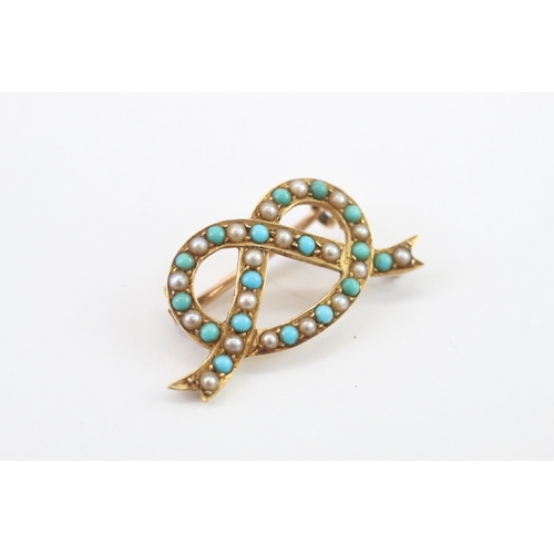 6 - 14ct gold with 9ct pin antique pearl and turquoise brooch (3.47g)