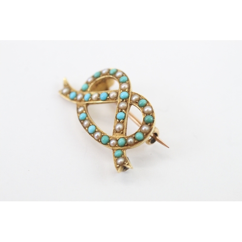 6 - 14ct gold with 9ct pin antique pearl and turquoise brooch (3.47g)