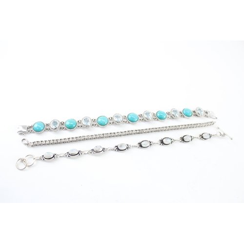 Collection of Sterling Silver Gemstone Bracelets inc. Moonstone, Turquoise, Diamond x 3 (45g)