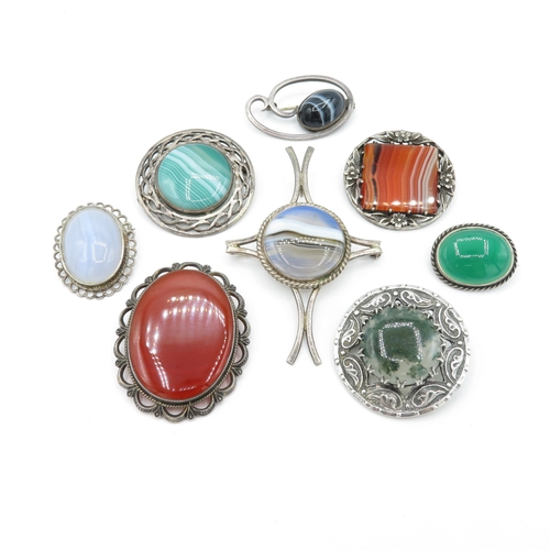 Collection of Sterling Silver Gemstone Brooches inc. Lace Agate, Moss Agate x 8 (98g)