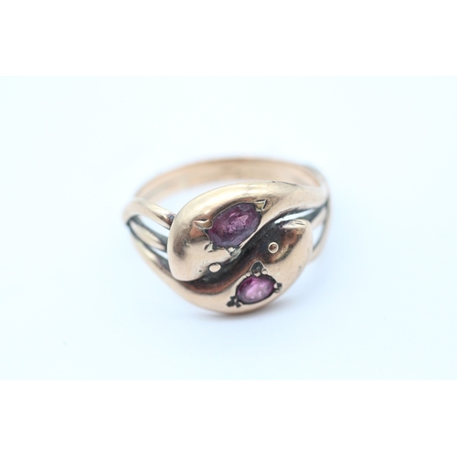 5 - 9ct rose gold garnet set snake ring (4g) Size P