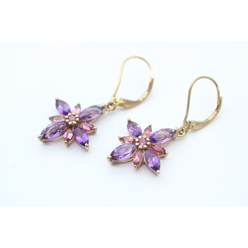 53 - 9ct gold amethyst and pink gemstone set cluster drop earrings (2.4g)