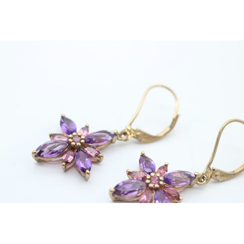 53 - 9ct gold amethyst and pink gemstone set cluster drop earrings (2.4g)