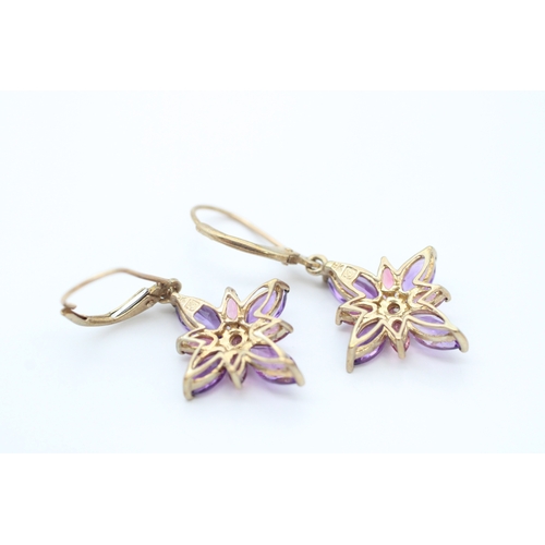 53 - 9ct gold amethyst and pink gemstone set cluster drop earrings (2.4g)