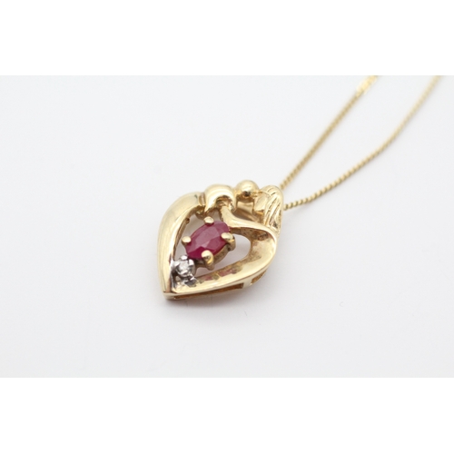 10 - 9ct gold ruby and diamond stone set pendant necklace (2.4g)