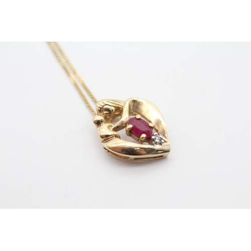 10 - 9ct gold ruby and diamond stone set pendant necklace (2.4g)