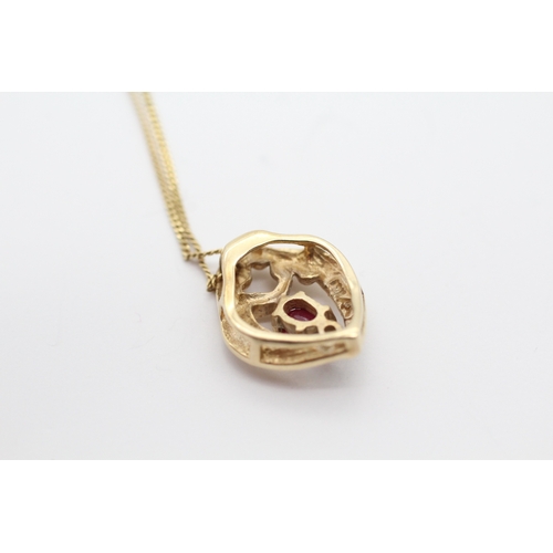 10 - 9ct gold ruby and diamond stone set pendant necklace (2.4g)