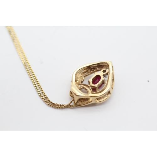 10 - 9ct gold ruby and diamond stone set pendant necklace (2.4g)