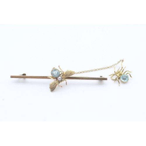 12 - Antique 9ct gold seed pearl and blue gemstone set spider and fly bar brooch (2.2g)