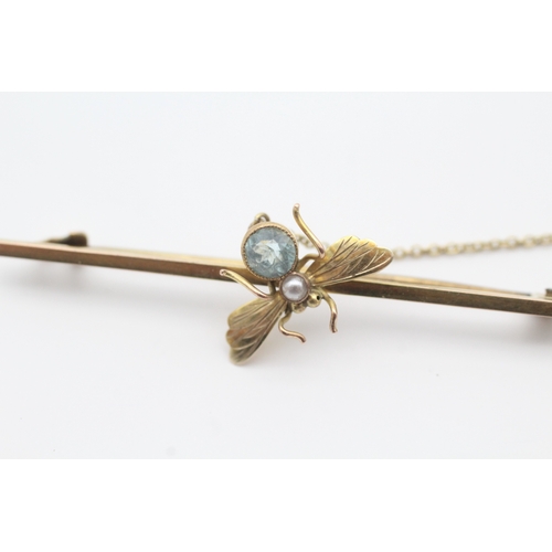 12 - Antique 9ct gold seed pearl and blue gemstone set spider and fly bar brooch (2.2g)