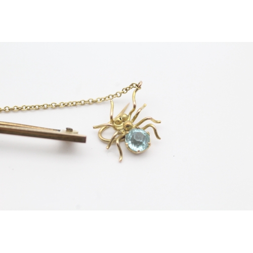12 - Antique 9ct gold seed pearl and blue gemstone set spider and fly bar brooch (2.2g)