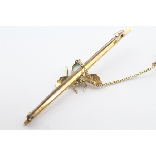 12 - Antique 9ct gold seed pearl and blue gemstone set spider and fly bar brooch (2.2g)