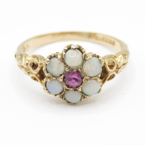 17 - Vintage 9ct gold opal and ruby floral cluster ring (2.8g) Size O