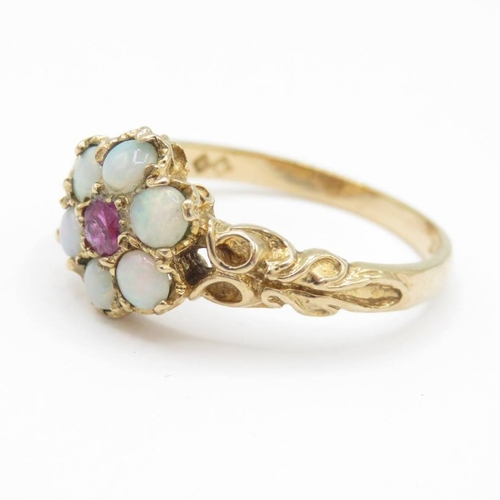 17 - Vintage 9ct gold opal and ruby floral cluster ring (2.8g) Size O