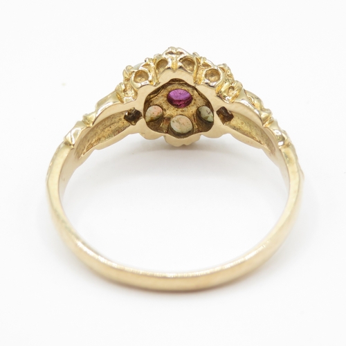 17 - Vintage 9ct gold opal and ruby floral cluster ring (2.8g) Size O
