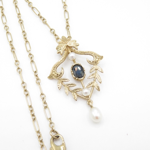 3 - 9ct gold sapphire and pearl pendant and chain (5.4g)