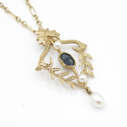 3 - 9ct gold sapphire and pearl pendant and chain (5.4g)