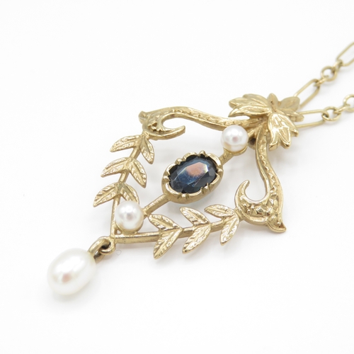 3 - 9ct gold sapphire and pearl pendant and chain (5.4g)