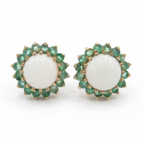 38 - 9ct gold emerald and opal halo stud earrings (2.3g)