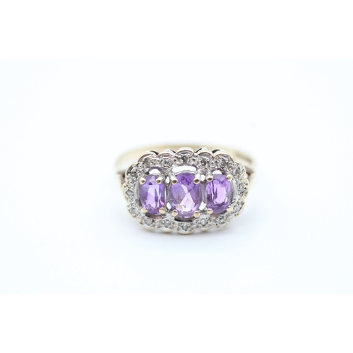 36 - 9ct gold amethyst and diamond set trilogy cluster ring (2.5g) Size O