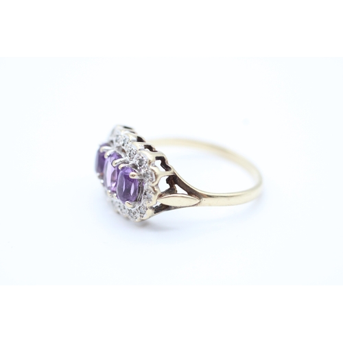 36 - 9ct gold amethyst and diamond set trilogy cluster ring (2.5g) Size O