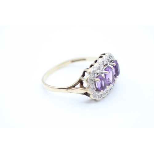 36 - 9ct gold amethyst and diamond set trilogy cluster ring (2.5g) Size O