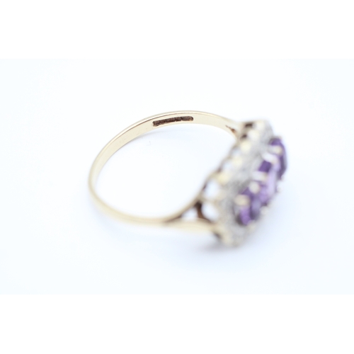 36 - 9ct gold amethyst and diamond set trilogy cluster ring (2.5g) Size O