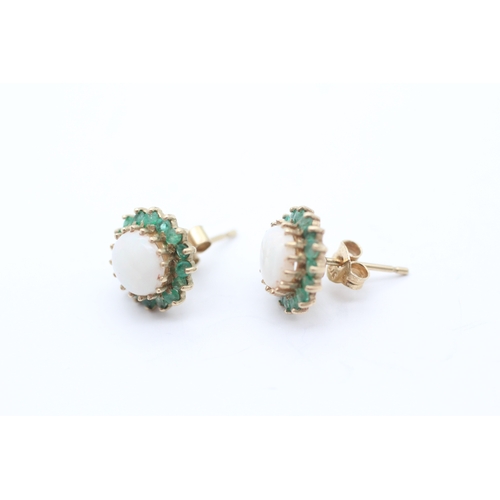38 - 9ct gold emerald and opal halo stud earrings (2.3g)