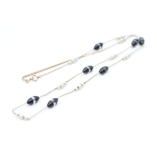 39 - Antique 9ct gold faux pearl, onyx and glass station necklace (4.4g)