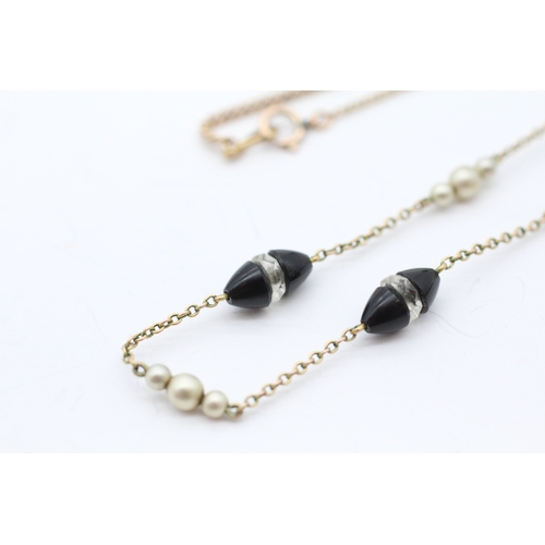 39 - Antique 9ct gold faux pearl, onyx and glass station necklace (4.4g)