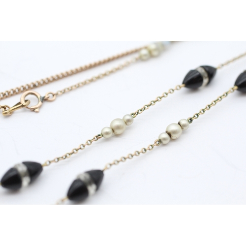 39 - Antique 9ct gold faux pearl, onyx and glass station necklace (4.4g)