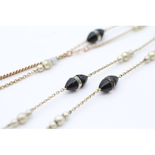 39 - Antique 9ct gold faux pearl, onyx and glass station necklace (4.4g)