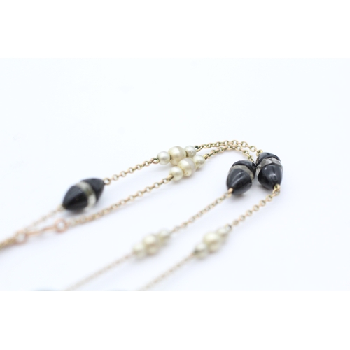 39 - Antique 9ct gold faux pearl, onyx and glass station necklace (4.4g)