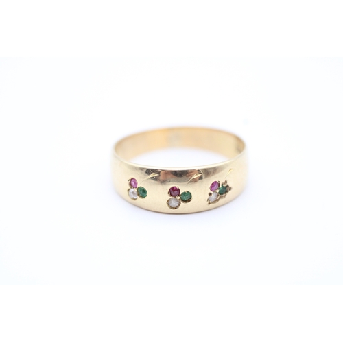 42 - Antique 15ct gold diamond, ruby, and emerald set band ring - a.f. one paste replacement (3.2g) Size ... 