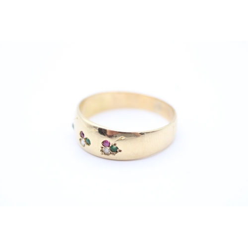 42 - Antique 15ct gold diamond, ruby, and emerald set band ring - a.f. one paste replacement (3.2g) Size ... 