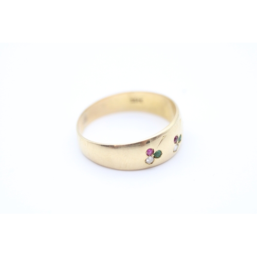 42 - Antique 15ct gold diamond, ruby, and emerald set band ring - a.f. one paste replacement (3.2g) Size ... 