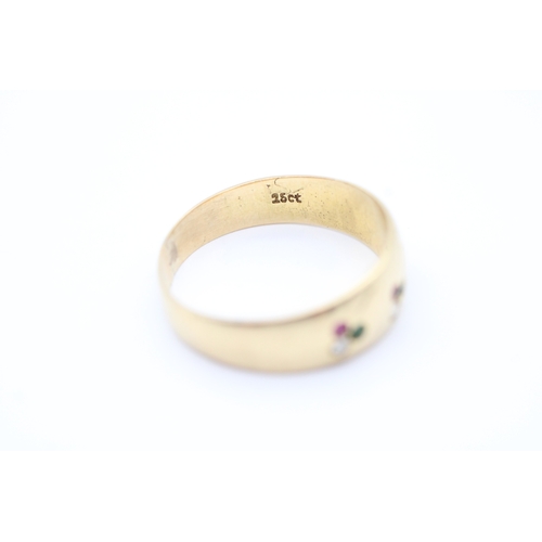42 - Antique 15ct gold diamond, ruby, and emerald set band ring - a.f. one paste replacement (3.2g) Size ... 