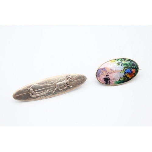 Collection of Sterling Silver Scandi Brooches inc. Enamel, Scenes x 2 (6g)