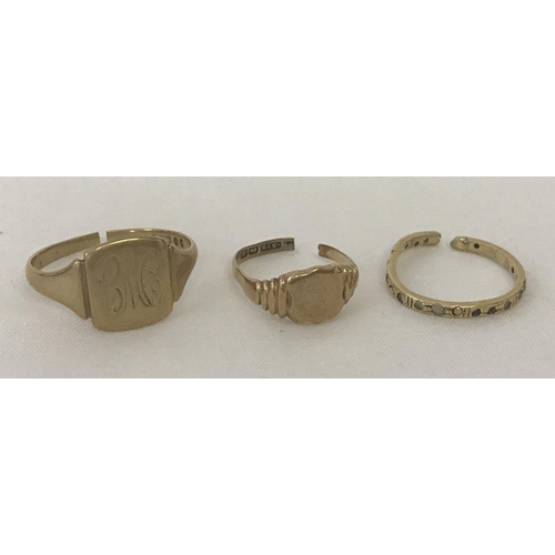 31 - 3 scrap 9ct gold rings. All rings have been cut through. 2 signet style rings together with a eterni... 