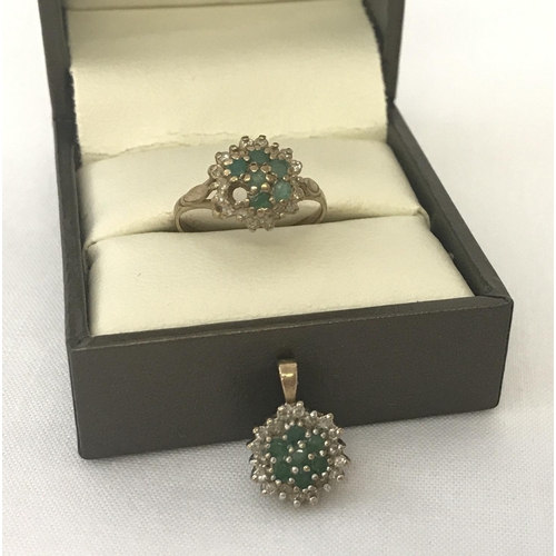 40 - A 9ct gold dress ring and matching pendant, set with emeralds and diamonds. Both cluster design, eac... 