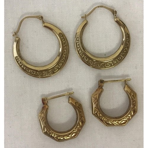 1049 - 2 pairs of creole style 9ct gold earrings. One pair with Greek key decoration.  Total weight approx.... 