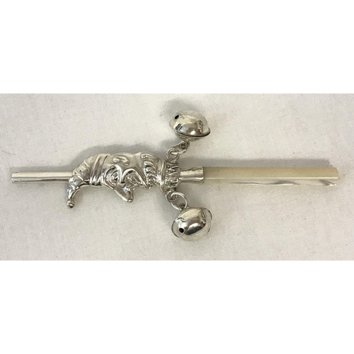 1208 - A 925 silver, pearl handled babies rattle in the shape of Mr. Punch. Whistle to one end and 2 small ... 