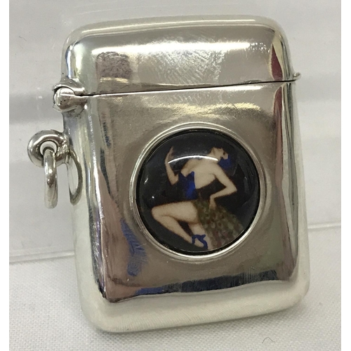 1213 - A small square shaped 925 silver vesta case set with circular ceramic disc. Disc depicts a glamourou... 