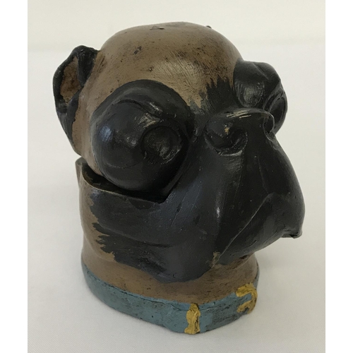 1227 - A cold painted, hinge lidded trinket pot in the shape of a Boxer dog head.  Approx. 8.5cm tall.