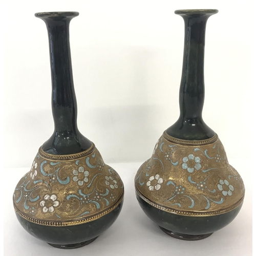 1291 - A pair of antique Doulton Lambeth Slaters Patent slim necked vases. In deep green glaze, with hand p... 