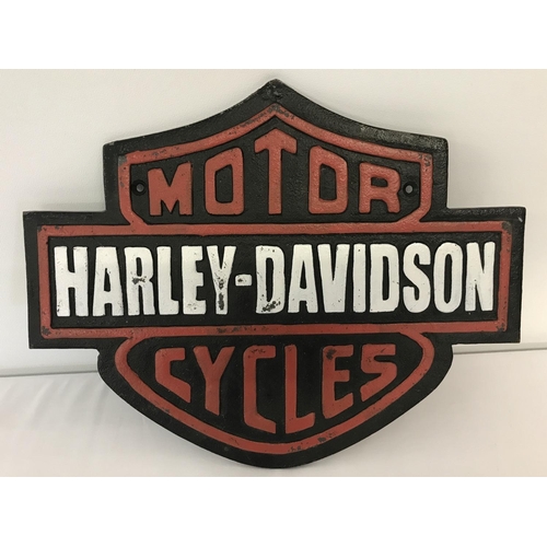 1356 - A painted cast metal Harley Davidson Motor Cycles wall hanging plaque. In red, black and white. Appr... 