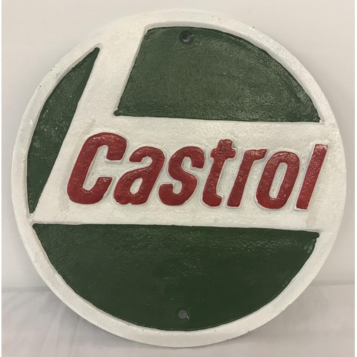 1360 - A painted cast metal, circular shaped Castrol wall hanging plaque. Painted in green, white and red c... 