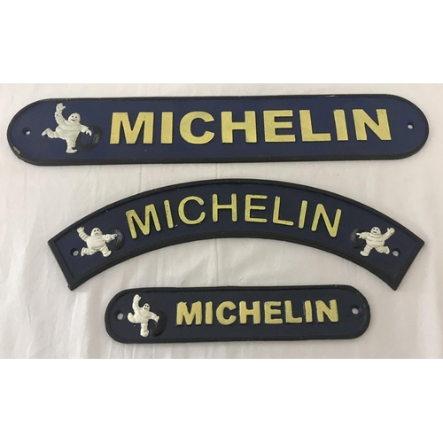 1363 - 3 painted cast metal wall hanging Michelin plaques with fixing holes. In Navy blue, yellow and white... 