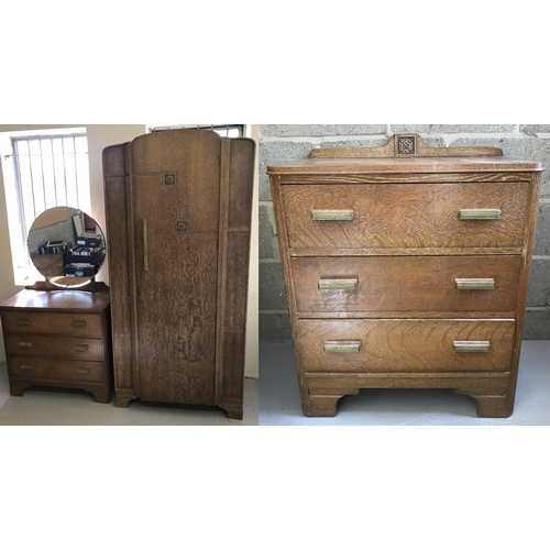 1502 - An Art Deco limed wash oak bedroom suite. Comprising: single wardrobe, 3 drawer chest of drawers and... 