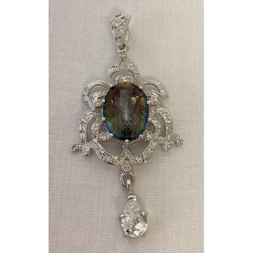 1019 - A 925 silver, Art Nouveau style drop pendant, set with mystic topaz and surrounded by clear stones. ... 